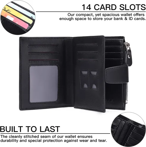 Vista 2 de FALAN MULE Cartera pequeña para mujer, de piel auténtica, plegable, compacta, con bloqueo RFID, pequeña cartera para mujer, Aa-negro., Classic