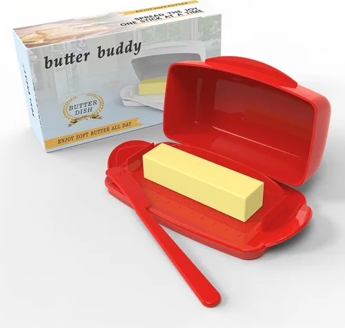 Vista 9 de Mantequilleras con tapa para encimera y refrigerador, plato de mantequilla de plástico transparente con tapa abatible y esparcidor, recipiente