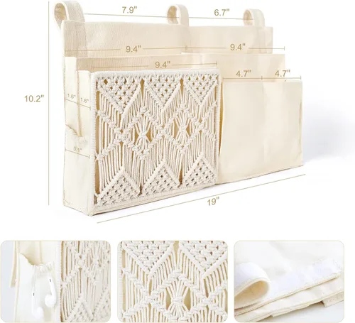 Vista 5 de Mkono Organizador colgante para mesita de noche, litera tejida con 7 bolsillos, bolsa de almacenamiento para cama, estilo bohemio, con control