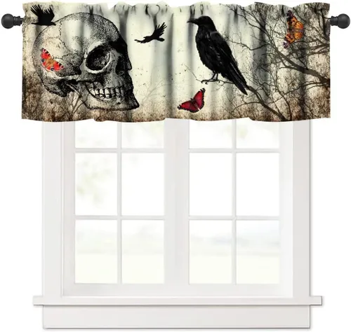 Vista 38 de Cortina de cenefa para fiesta de Halloween, diseño de dibujos animados, lindo fantasma, castillo sombrío, calabaza, murciélago, bolsillo para barra