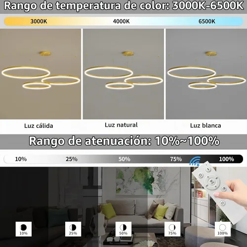Vista 2 de Mikeru Lámpara de Araña LED Moderna de 3 Anillos, Accesorios de Luz Colgante de Techo con Control Remoto 3000k-6500K Temperatura de Color Ajustable
