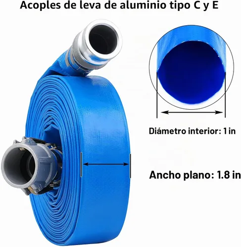 Vista 2 de Manguera de descarga plana de PVC de 1 pulgada x 50 pies con accesorios de aluminio Camlock C y E, montaje de bloqueo de leva, conjunto de manguera