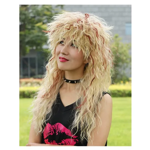Vista 7 de FantaLook Peluca larga rizada de los años 80 rubia con marrón rojizo para cosplay