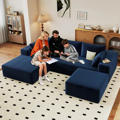 Vista 15 de Sofá modular Cloud de 95 pulgadas con otomana, moderno sofá nube en forma de U con asiento profundo, cómodo sofá de pana de 3 plazas, sofá de espuma