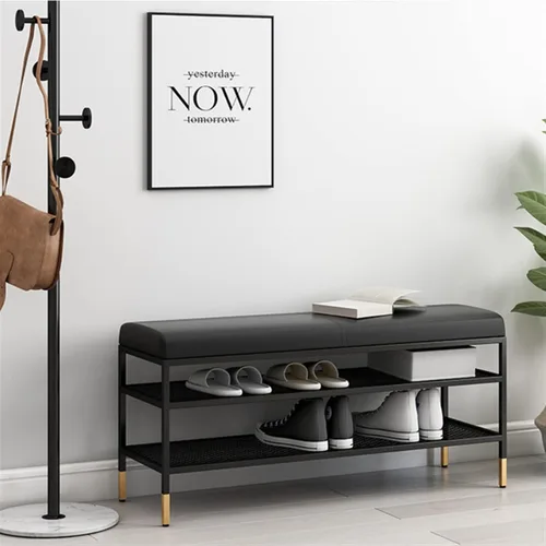 Vista 4 de HEXEH Zapatero de almacenamiento de zapatos, zapatero de entrada con asiento de cuero, organizador de 3 niveles, banco de metal para vestíbulo, Negro