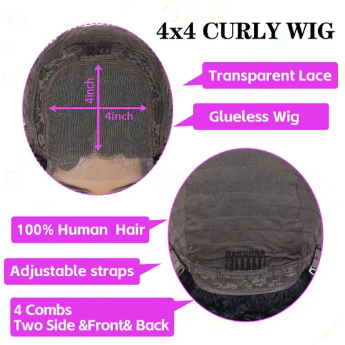Vista 6 de Pelucas de cabello humano rizado estilo Bob de Forevermore, cierre 4x4 para mujeres, sin pegamento, 18 pulgadas, onda de agua, encaje frontal húmedo