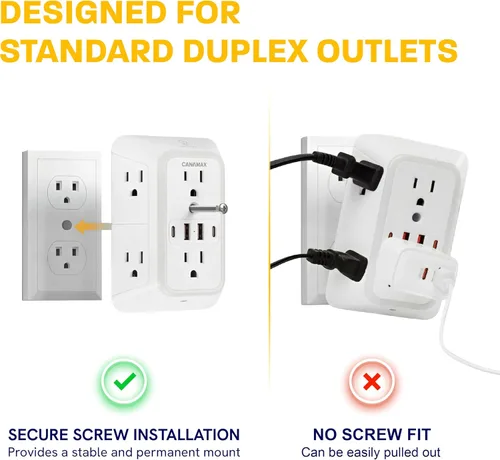 Vista 10 de Extensor de toma de pared de enchufe múltiple, divisor de 6 salidas y 4 puertos USB con carga rápida PD USB-C de 20 W, luz nocturna inteligente