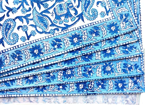 Vista 4 de Juego de 6 manteles individuales 100 % algodón estilo indio para mesa de comedor y servilletas (azul 1)