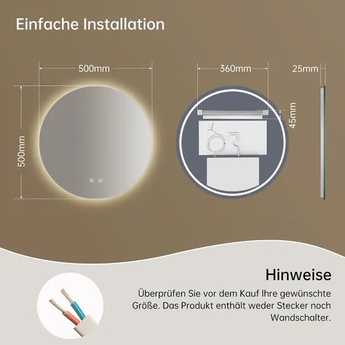 Vista 8 de Bathroom Mirror with Lighting, 50 x 50 cm, Round LED Bathroom Mirror with Anti-Fog, Dimmable, 3 Light Colours, Adjustable, Shatterproof Bathroom