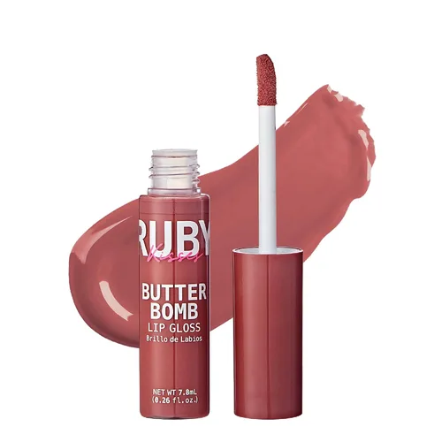 Vista 14 de Ruby Kisses Brillo de labios Butter Bomb Gloss, brillo de labios no pegajoso, vitamina E, tono natural desnudo, maquillaje de labios - 7.8mL