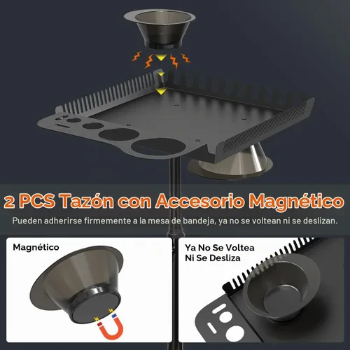 Vista 2 de Bandeja rodante de salón con 2 cuencos magnéticos, carrito de herramientas profesional, bandeja de extensión de cabello para peluqueros, bandeja