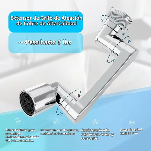 Vista 4 de Extensor de Grifo Giratorio de 1080°, Extensión de Fregadero Giratoria de Servicio Pesado, Brazo Robótico Multifuncional Giratorio Universal Latón