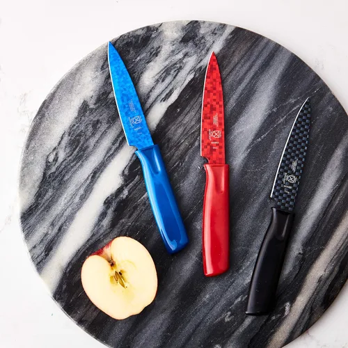 Vista 5 de Mercer Culinary Cuchillos de pelar antiadherentes con fundas ABS, 4 pulgadas, rojo/azul/negro, paquete de 3