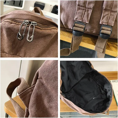 Vista 4 de Mochila de lona para mujeres y hombres, linda mochila vintage para laptop universitaria, hippie, grunge, casual, mochila de viaje, Marrón, Mediana