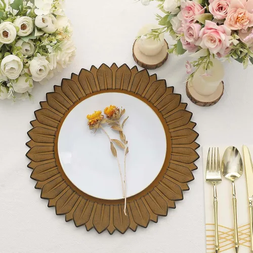 Vista 9 de Efavormart Paquete de 6 Platos Cargadores de Cena de Plástico de Girasol Amarillo Mostaza Mate de 13", Bandejas Redondas Desechables para Servir