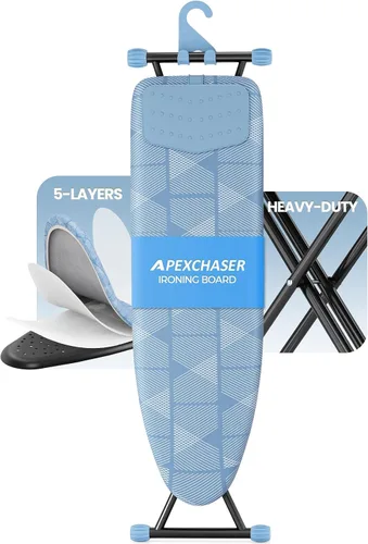 Vista 8 de APEXCHASER Tabla de planchar con soporte para planchar, tabla de hierro compacta y ahorradora de espacio, cubierta extragruesa, altura ajustable