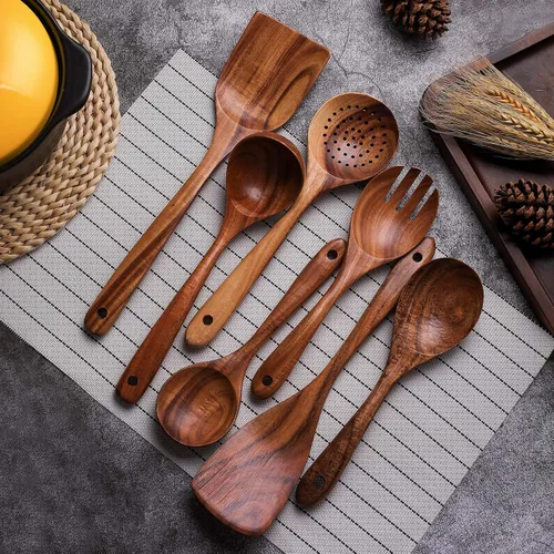 Vista 3 de Juego de herramientas de cocina antiadherente de madera, juego de 7 piezas, espátula de cocina de teca 100% natural, utensilios de cocina de madera