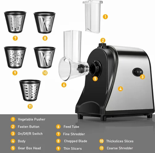Vista 8 de Rallador eléctrico de queso, máquina de ensalada con 5 cuchillas diferentes, trituradora eléctrica de 250 W para uso en la cocina del hogar