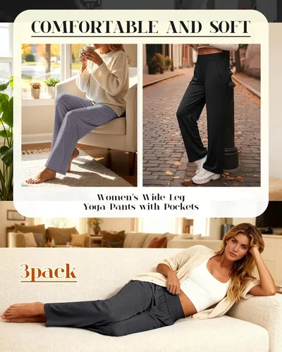 Vista 39 de Neer - Conjunto de 3 pantalones de yoga de pierna ancha para mujer - Pantalones deportivos cómodos, holgados, de cintura alta y casuales