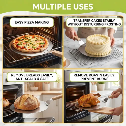 Vista 6 de KSENDALO - Levantador de pizza, 10 pulgadas con mango de madera, espátula de pizza inoxidable, bandeja para hornear pizza casera Cool-touch Wood