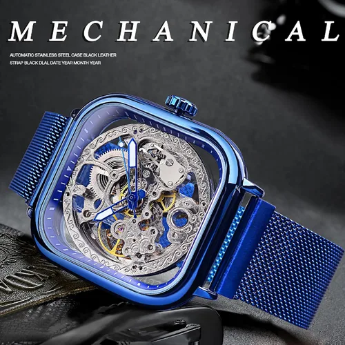 Vista 2 de FORSINING Relojes automáticos mecánicos, reloj de pulsera dorado para hombre con esfera transparente de acero inoxidable con movimiento de flor real