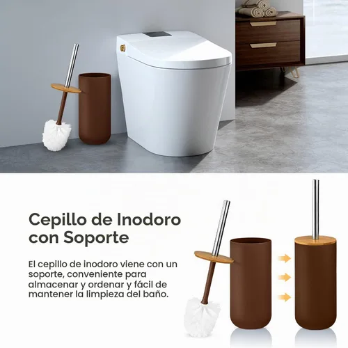 Vista 4 de Juego de 6 accesorios de baño de bambú y plástico, incluye vaso para cepillos de dientes, soporte para cepillos de dientes, dispensador de jabón