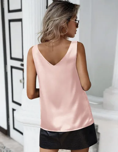 Vista 2 de Zeagoo Camiseta sin mangas de satén de seda para mujer, estilo casual, cuello en V, holgada, sin mangas