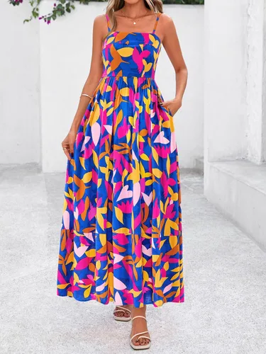 Vista 5 de PRETTYGARDEN Vestido largo de verano para mujer, con tirantes delgados, bohemio, floral, a rayas, para invitadas de boda, playa, vacaciones, vestido
