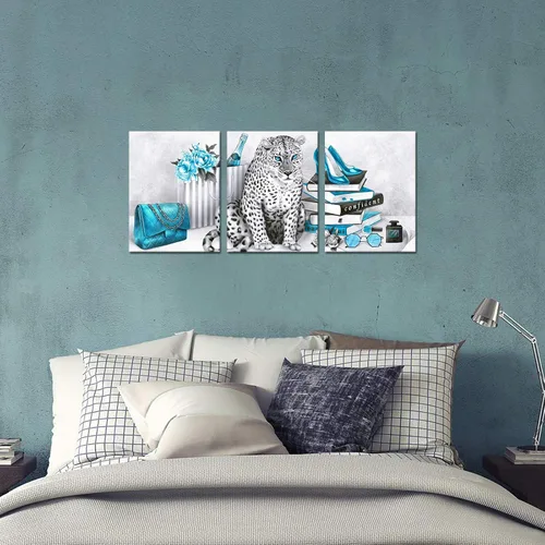 Vista 4 de Visual Art Decor Arte de pared turquesa y gris, pintura de leopardo, impresiones en lienzo para dormitorio de niñas, decoración de pared de baño, 12