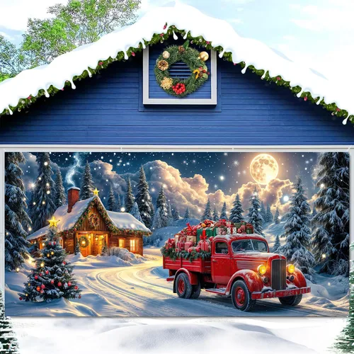 Vista 2 de Cubierta de puerta de garaje de Navidad de 6 x 8 pies, Papá Noel, retro, camión, nieve, árbol de Navidad, decoración de puerta de garaje, decoración