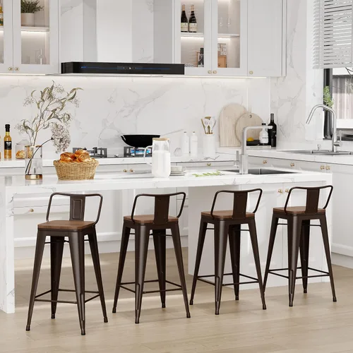 Vista 14 de Changjie Furniture - Juego de 4 sillas altas de metal con diseño industrial para barra de cocina o bar con respaldo bajo, Metal, Negro, 18 pulgadas