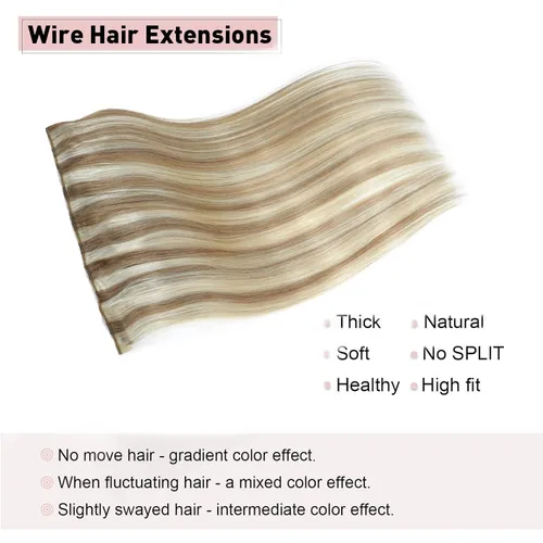 Vista 3 de Tinashe Extensiones de cabello humano real con alambre, lacio, 12 pulgadas, 2.47 onzas, rubio claro, con reflejos rubio dorado, extensiones