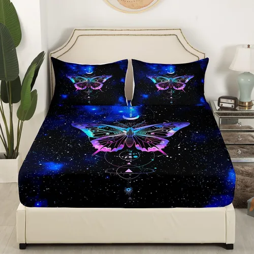 Vista 3 de Sábana bajera ajustable de mariposa, tamaño individual, estrellas estrelladas, galaxia azul, nebulosa, universo de nebulosa, suave, lujoso, juego