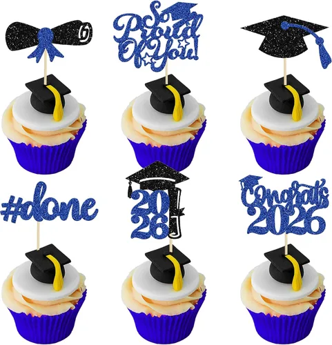 Vista 26 de Gyufise 24 piezas Adornos para pastel de graduación 2026 con purpurina negra, clase de 2026, adornos para magdalenas con gorra de graduación