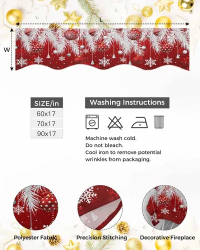 Vista 6 de Bufanda roja de Navidad para chimenea, decoraciones para repisa de chimenea, bolas de Navidad, copo de nieve, hojas de pino plateadas, cubierta
