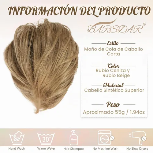 Vista 4 de BARSDAR Extensiones de Moño de Cabello Liso - Extensiones de Moño de Cola de Caballo Corta y Lisa para Mujeres, Coleteros de Moño de Cabello Rubio