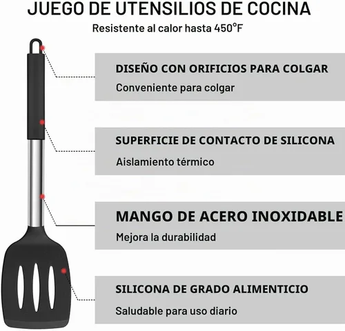Vista 5 de E-far Juego de utensilios de cocina de silicona, 7 piezas de utensilios de cocina resistentes al calor con mango de acero inoxidable, espátula