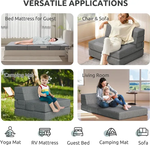 Vista 11 de Youzi Sofá Cama Plegable Queen, Sofá de Suelo de Espuma de 6 Pulgadas y Colchón Plegable con Funda Lavable, Sofá Desplegable para Huéspedes, Camping