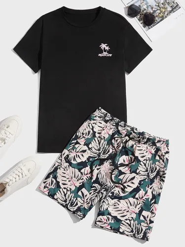 Vista 98 de GORGLITTER Conjunto de 2 piezas de camiseta gráfica de manga corta para hombre, estampado hawaiano con cordón y pantalones cortos