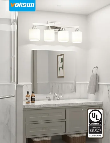 Vista 3 de VOLISUN Accesorios de iluminación de baño de níquel cepillado, 4 luces de cambiador de baño sobre espejo, lámpara de tocador moderna para baños