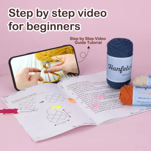 Vista 5 de Kit de ganchillo Hanfetch para avanzado o principiante intermedio, video tutorial paso a paso e instrucciones detalladas. Suministros