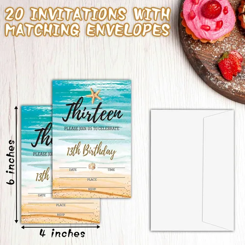 Vista 2 de Invitaciones de cumpleaños de playa A01 – Tarjetas de relleno para fiesta de cumpleaños número 13 para niños y niñas (20 invitaciones con 20 sobres)