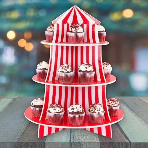 Vista 5 de Exhibidor de poliestireno de 3 niveles para bocadillos, diseño de carpa de circo, ideal para postres, cumpleaños y demás decoraciones