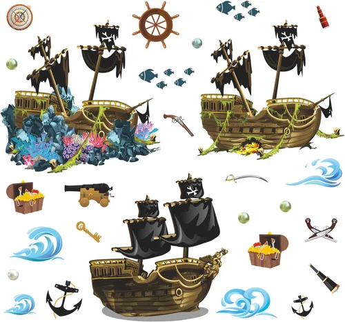Vista 7 de Calcomanías de pared de barco pirata 3D, calcomanías de pared de naufragio, tema submarino, bricolaje, naufragio, pez, joyería, algas marinas
