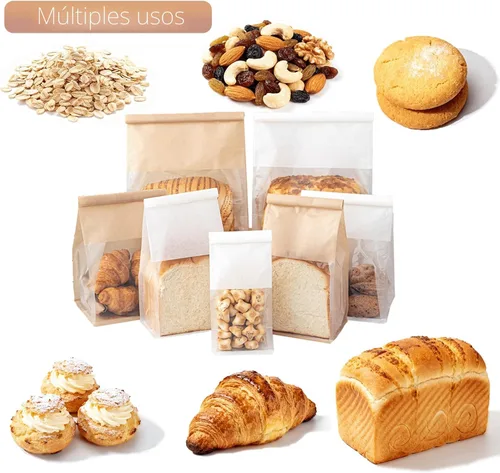 Vista 3 de 50 bolsas de pan con lazo de lata, bolsas para pan hechas de papel de algodón marrón, bolsa de embalaje de almacenamiento con ventana transparente