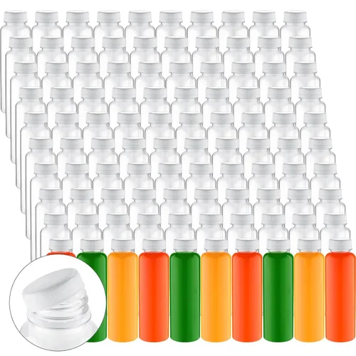Vista 13 de Tanlade - Paquete de 200 botellas de plástico para jugo con tapas reutilizables, 8 onzas, color negro Empty PET Drink Containers, Leak-proof Lids