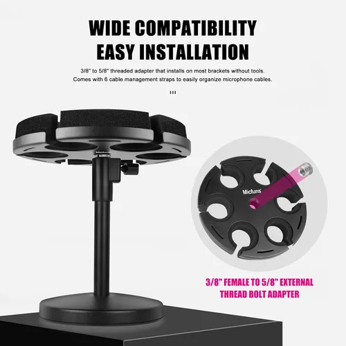 Vista 4 de Soporte para micrófonos múltiples, soporte de micrófono con cable e inalámbrico para soporte, soporta hasta 6 micrófonos, aluminio, negro