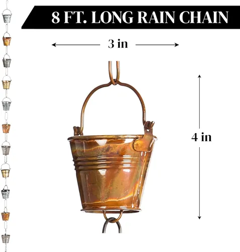 Vista 3 de Evergreen - Cubetas de hierro de 8 pies de cadena de lluvia de metal, desviador de canalón, atrapador de lluvia decorativo para jardín, exterior