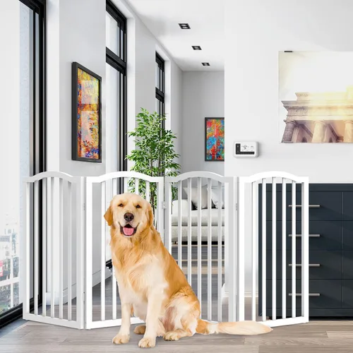 Vista 2 de PETMAKER - Puerta plegable para mascotas para interiores, 4 paneles para escaleras o puertas, valla independiente para mascotas de 73.5 x 32 Blanco