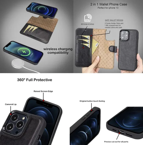 Vista 6 de VENOULT - Funda tipo cartera compatible con iPhone 14 Plus para hombre o mujer, 14 Pro / 14 Pro MAX / 13 MAX de cuero genuino de grano completo